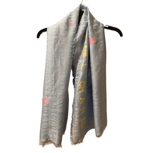 Chanel Scarf Wrap Silk Cashmere Light Blue Spell Out Binary Numbers Fringe 56x56